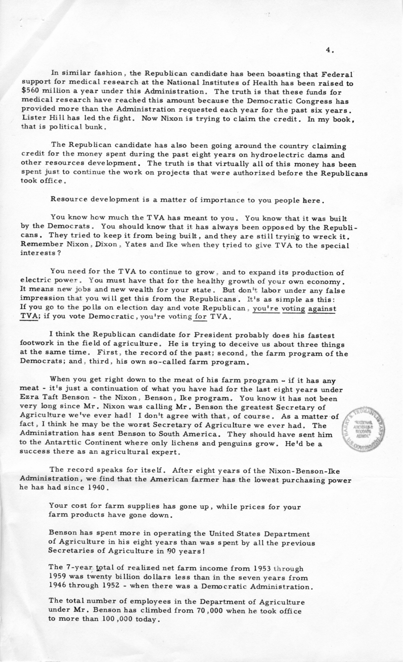 Press Release of Speech Delivered by Harry S. Truman in Decatur, Alabama