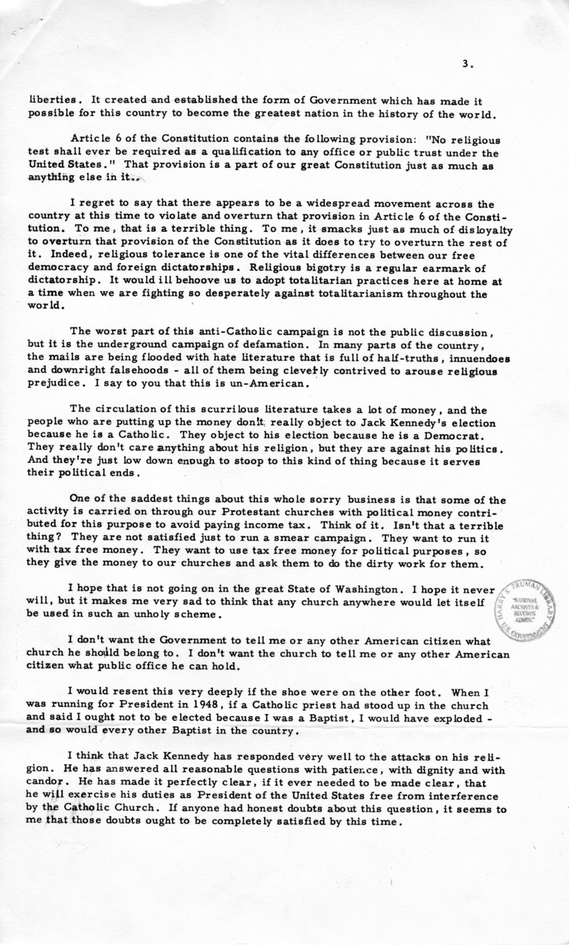 Press Release of Speech Delivered by Harry S. Truman in Seattle, Washington