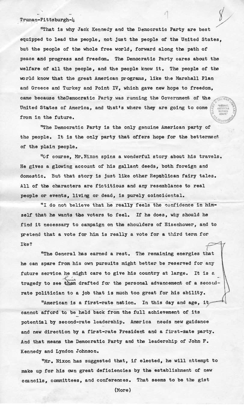 Press Release, Speech of Harry S. Truman, Pittsburgh, Pennsylvania