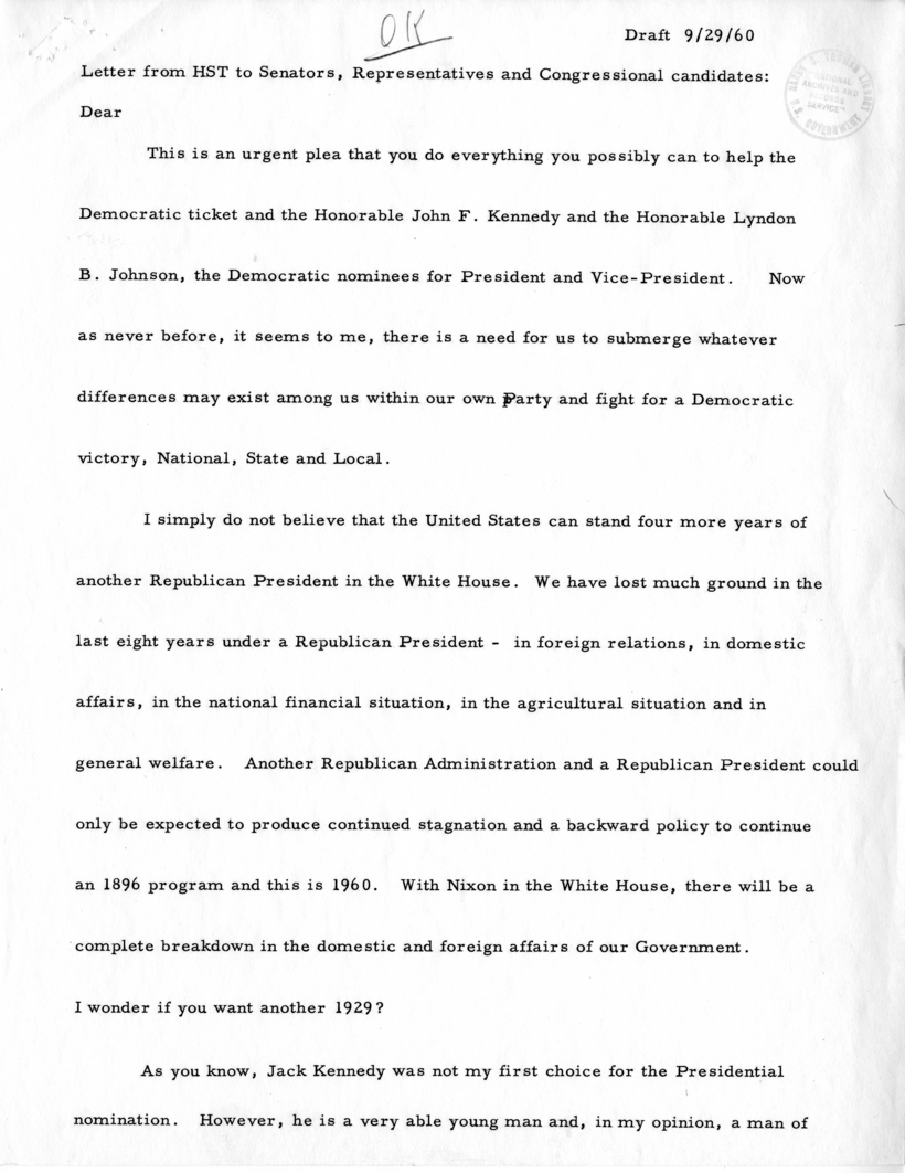 Draft Letter From Harry S. Truman to Senators, Representatives, and Congressional Candidates