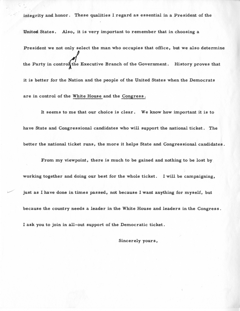 Draft Letter From Harry S. Truman to Senators, Representatives, and Congressional Candidates