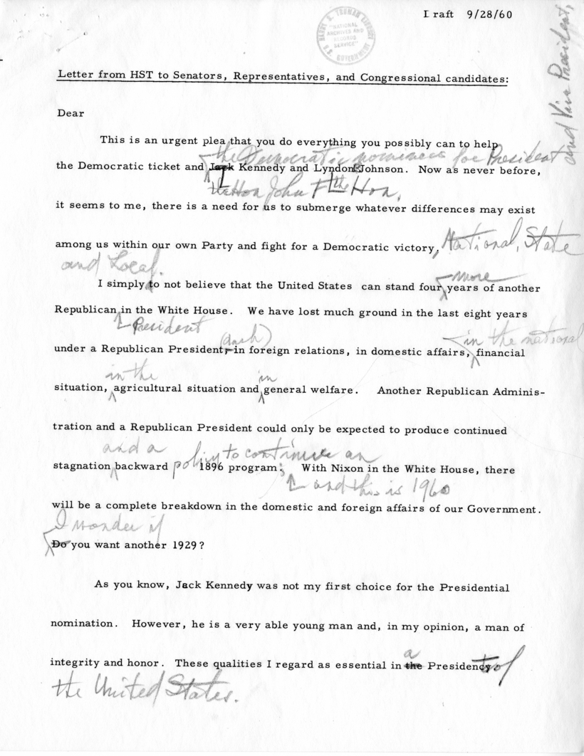 Draft Letter From Harry S. Truman to Senators, Representatives, and Congressional Candidates