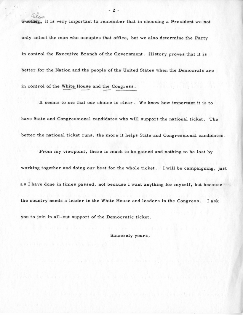 Draft Letter From Harry S. Truman to Senators, Representatives, and Congressional Candidates