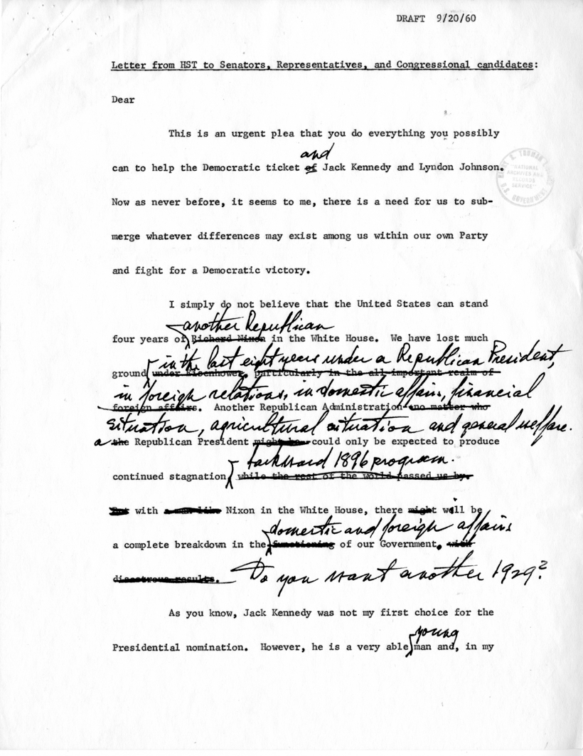 Draft Letter From Harry S. Truman to Senators, Representatives, and Congressional Candidates