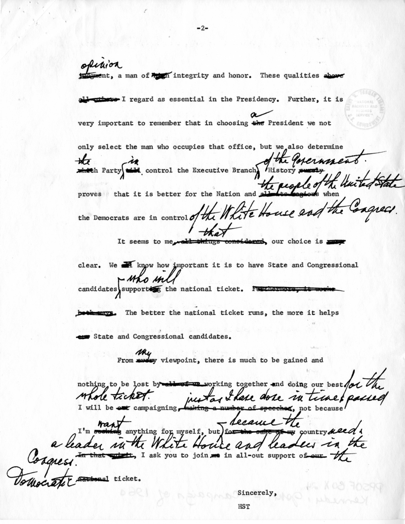 Draft Letter From Harry S. Truman to Senators, Representatives, and Congressional Candidates