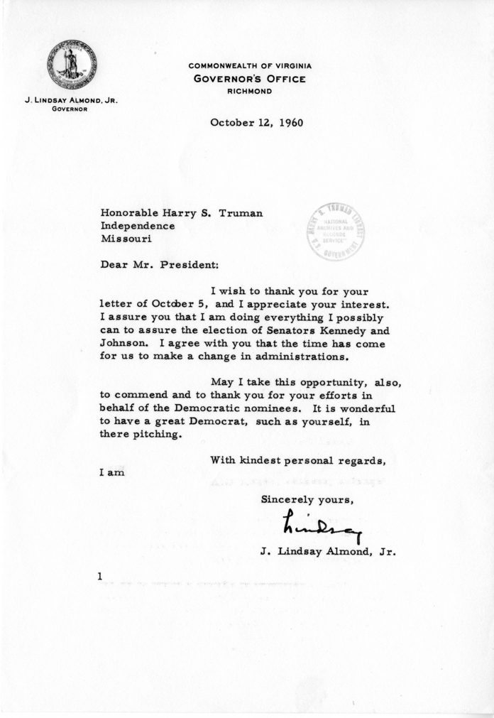 J. Lindsay Almond, Jr. to Harry S. Truman