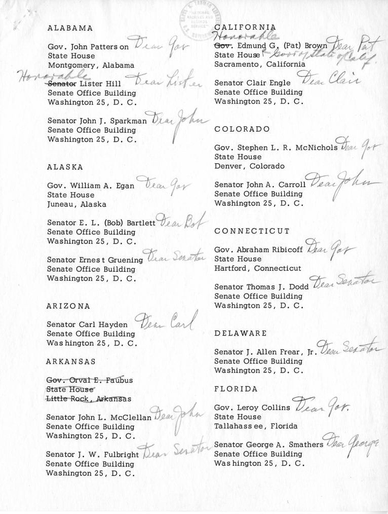 Address List, Governors and United States Senators