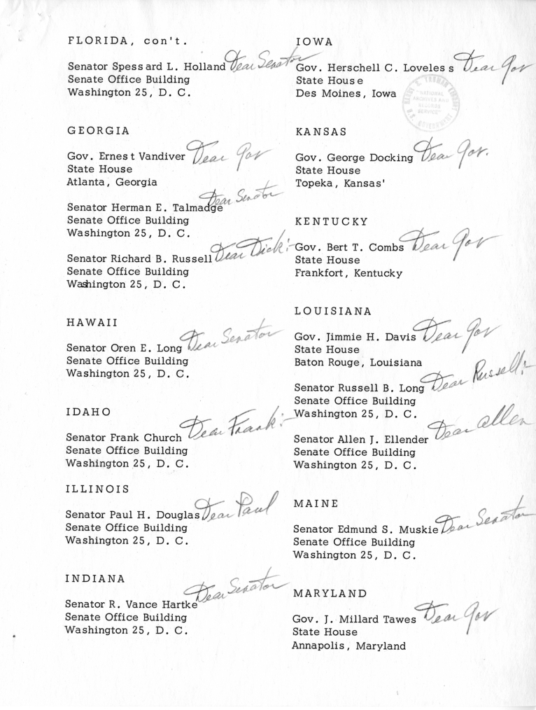 Address List, Governors and United States Senators