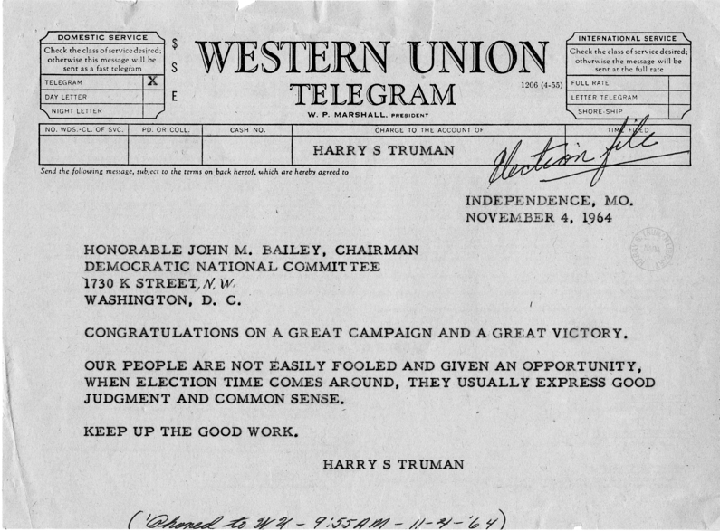 Telegram, Harry S. Truman to John M. Bailey