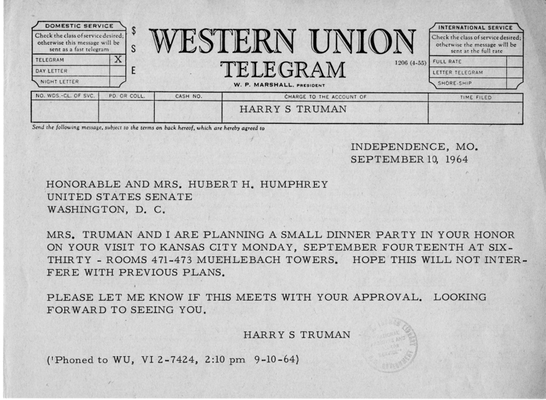 Telegram, Harry S. Truman to Hubert Humphrey