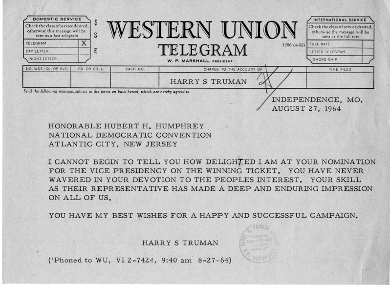 Telegram, Harry S. Truman to Hubert Humphrey, With Drafts