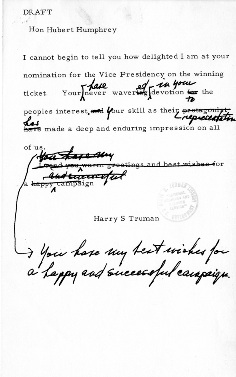 Telegram, Harry S. Truman to Hubert Humphrey, With Drafts