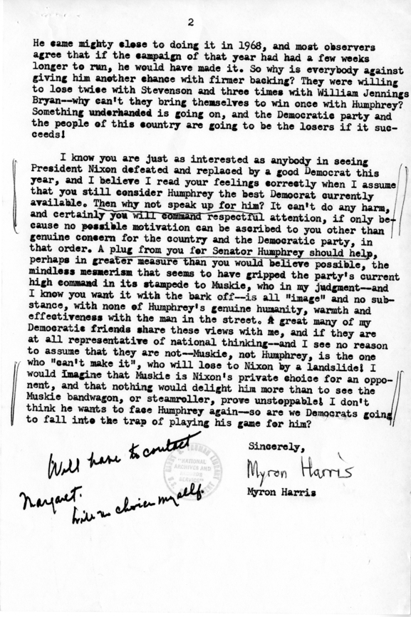 Myron Harris to Harry S. Truman