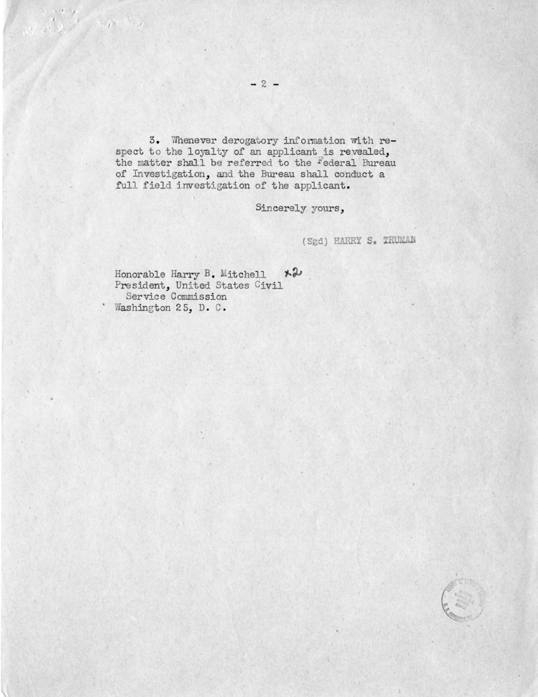 Harry S. Truman to James E. Webb, With Attachment