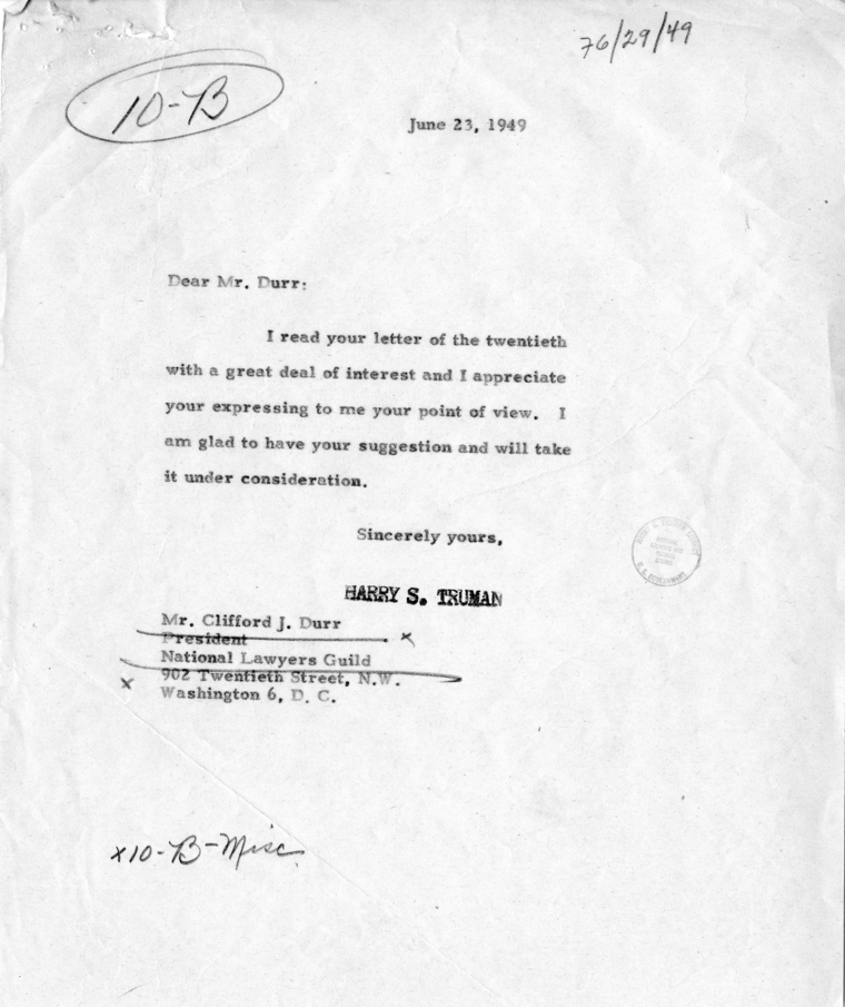 Correspondence Between Harry S. Truman and Clifford J. Durr