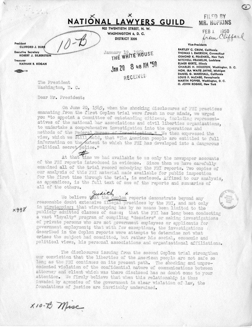 Correspondence Between Harry S. Truman and Clifford J. Durr