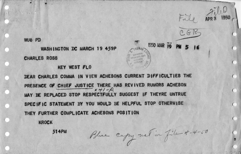 Telegrams Between Arthur Krock and Charles Ross