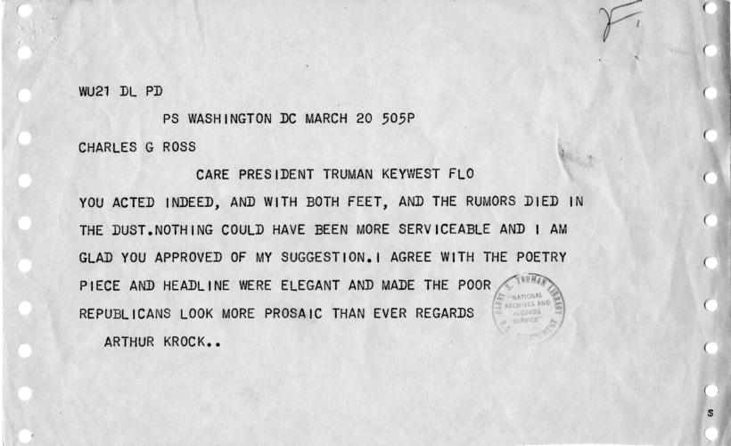 Telegrams Between Arthur Krock and Charles Ross