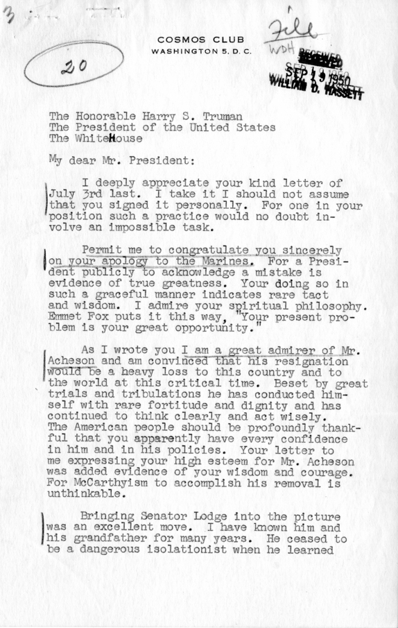 Correspondence Between A. Barr Comstock and Harry S. Truman