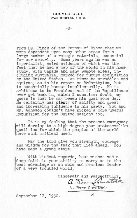 Correspondence Between A. Barr Comstock and Harry S. Truman