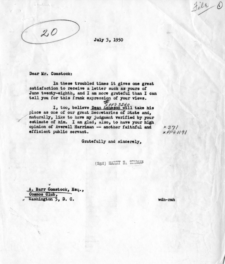 Correspondence Between A. Barr Comstock and Harry S. Truman