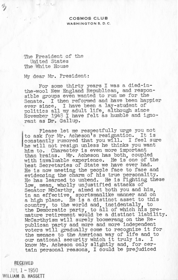 Correspondence Between A. Barr Comstock and Harry S. Truman