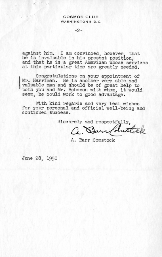 Correspondence Between A. Barr Comstock and Harry S. Truman