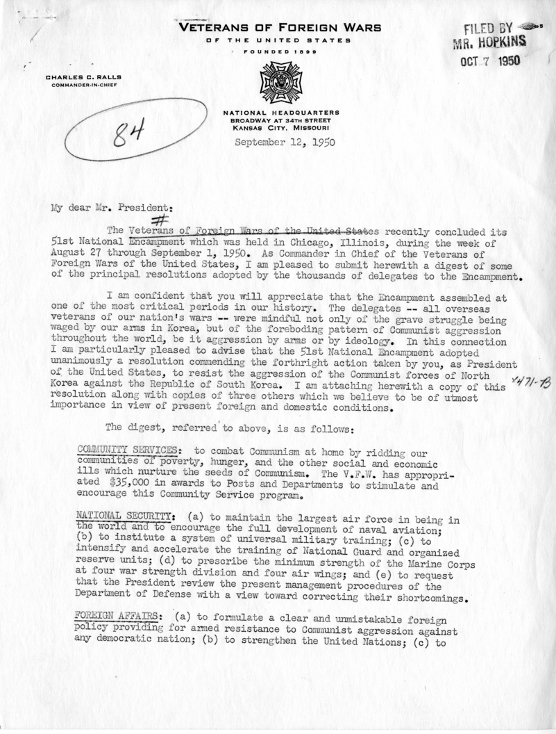 Charles C. Ralls to Harry S. Truman, With Attachments
