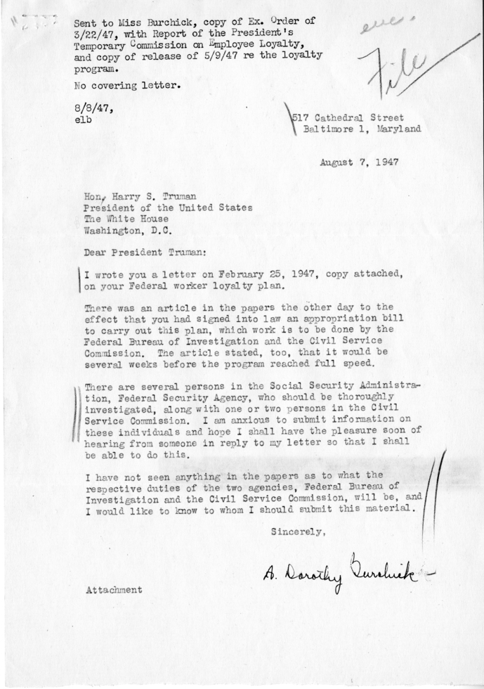 A. Dorothy Burchisk to Harry S. Truman