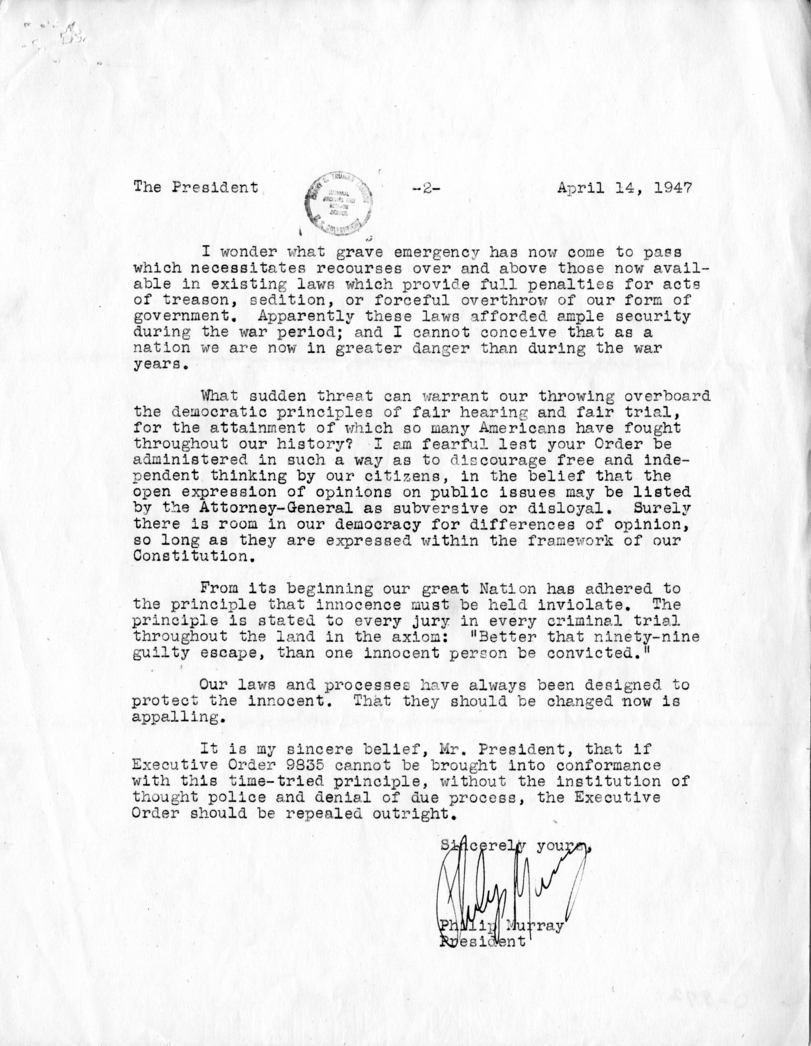 Correspondence Between Philip Murray and Harry S. Truman