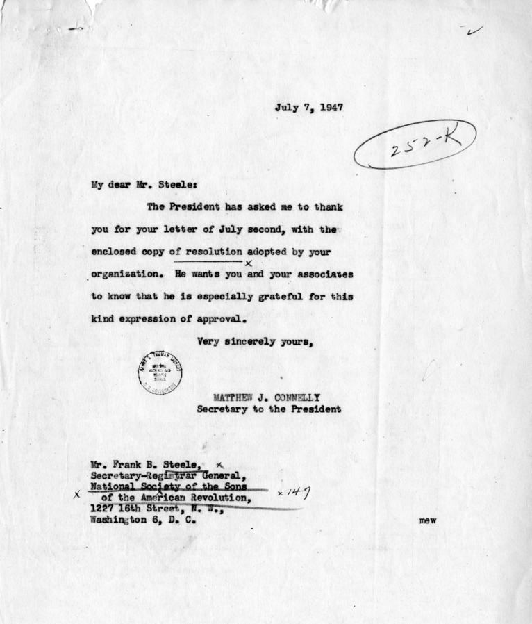 Frank B. Steele to Harry S. Truman, With Attachment, and Reply From Matthew J. Connelly