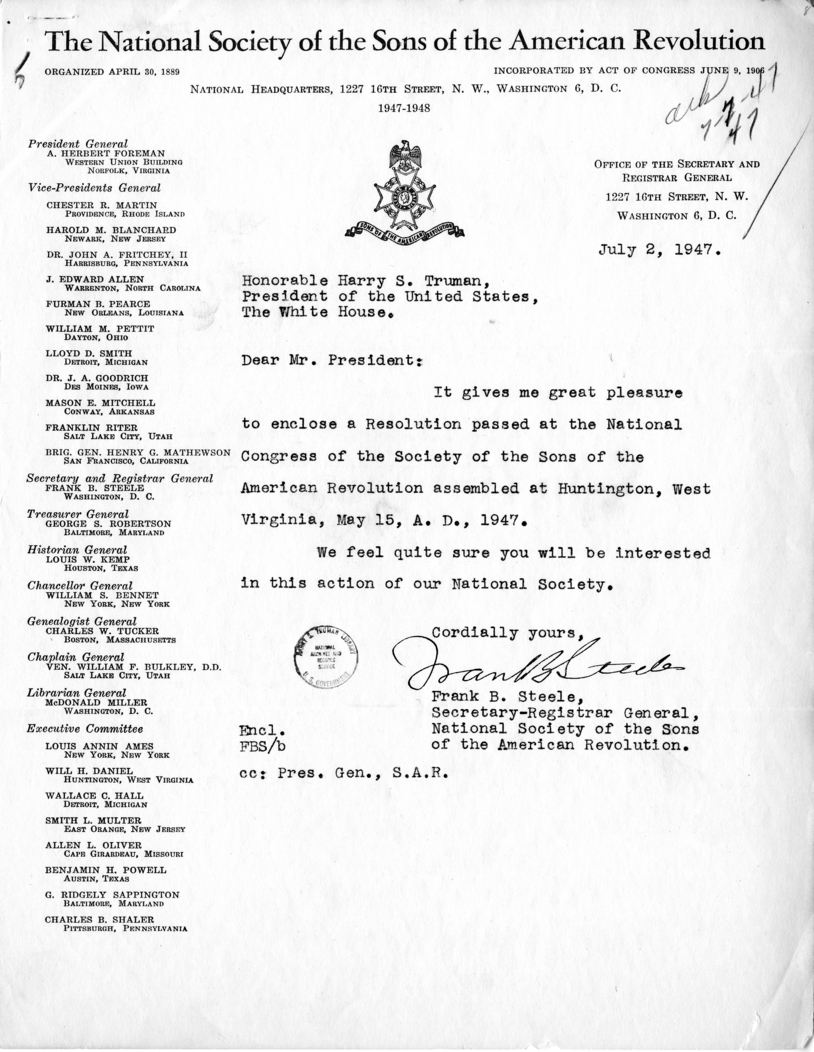 Frank B. Steele to Harry S. Truman, With Attachment, and Reply From Matthew J. Connelly