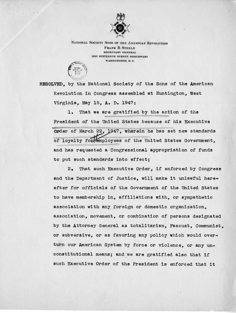 Frank B. Steele to Harry S. Truman, With Attachment, and Reply From Matthew J. Connelly
