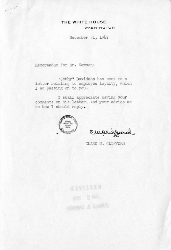 Donald S. Dawson to Clark Clifford, With Attachment