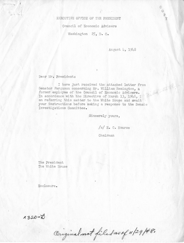 Correspondence Between Edwin G. Nourse and Homer Ferguson, With Related Material