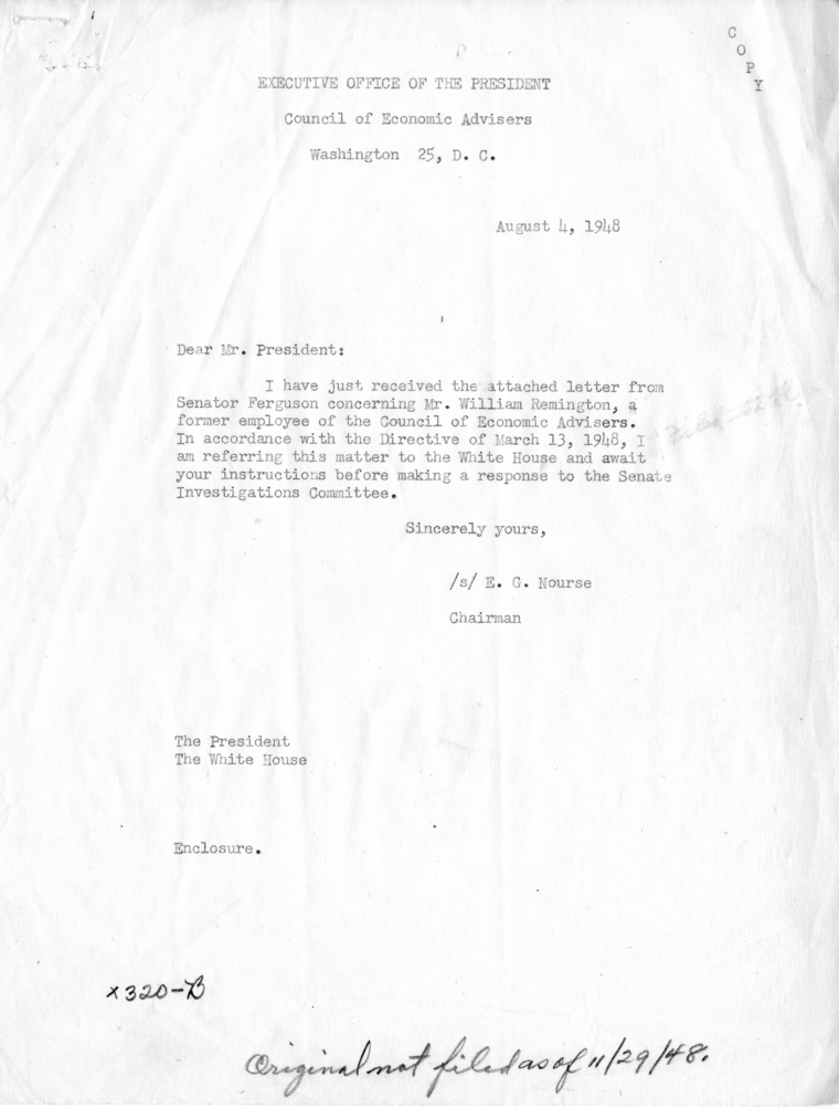 Correspondence Between Edwin G. Nourse and Homer Ferguson, With Related Material