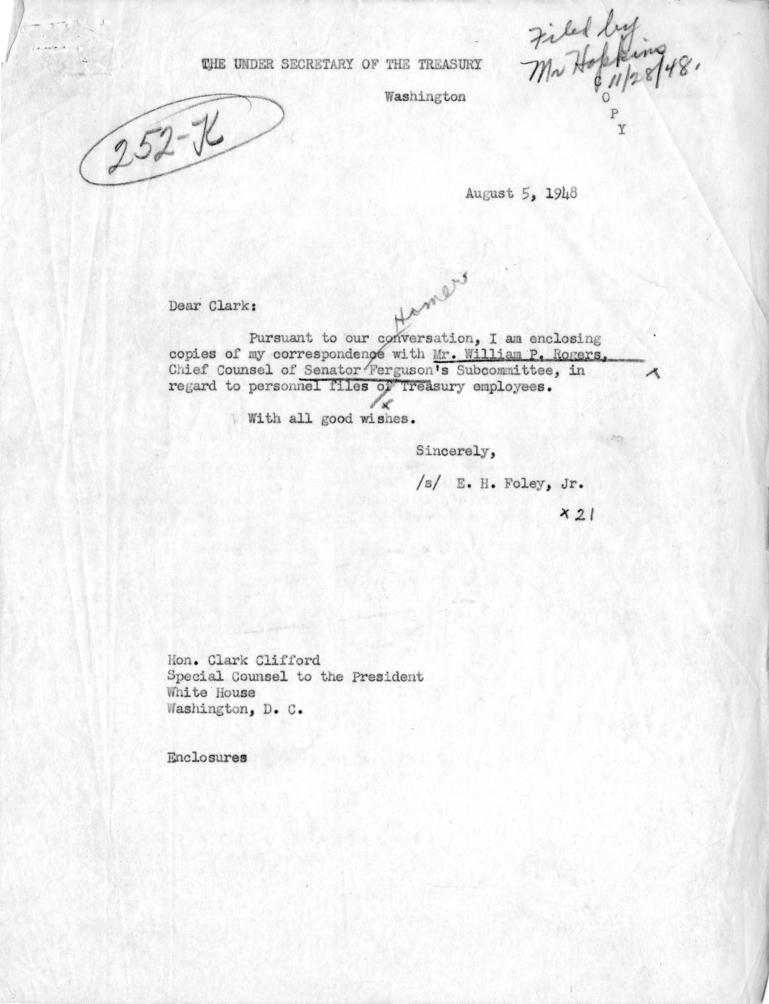 Edward H. Foley, Jr. to Clark Clifford, With Related Material