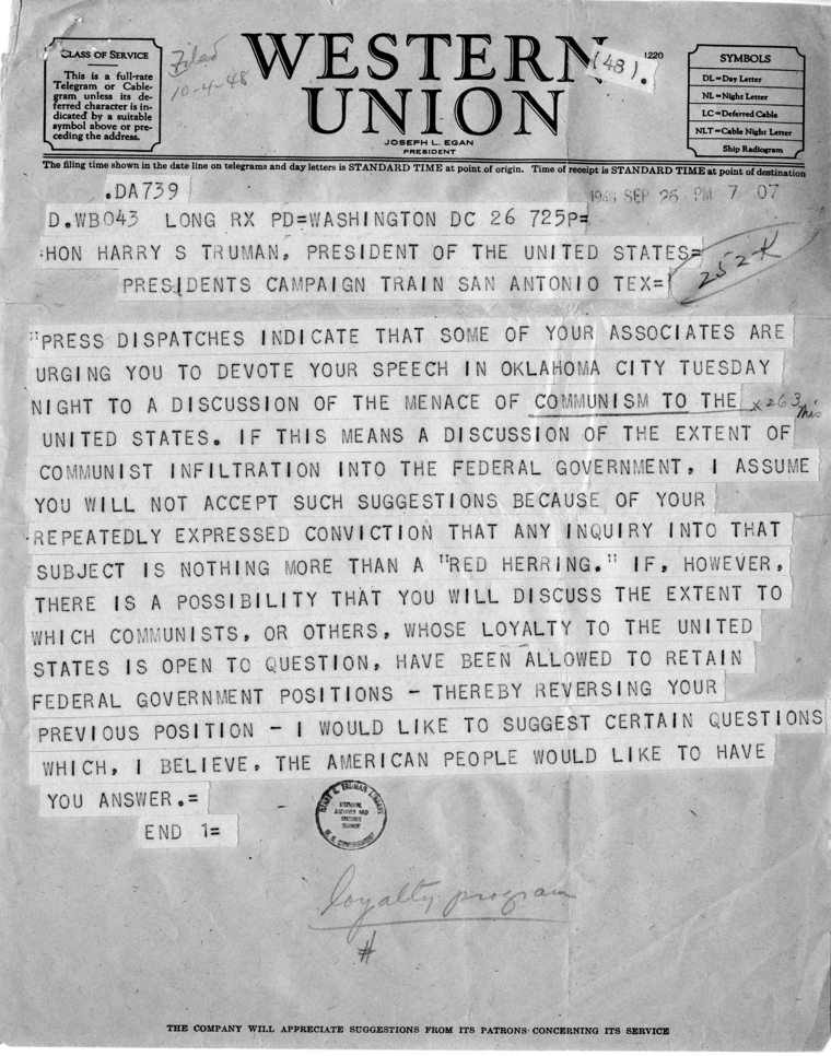 Telegram, Homer Ferguson to Harry S. Truman