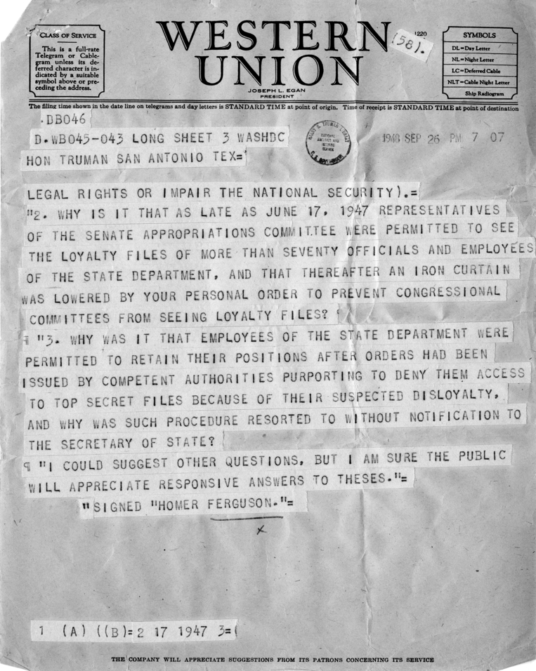 Telegram, Homer Ferguson to Harry S. Truman