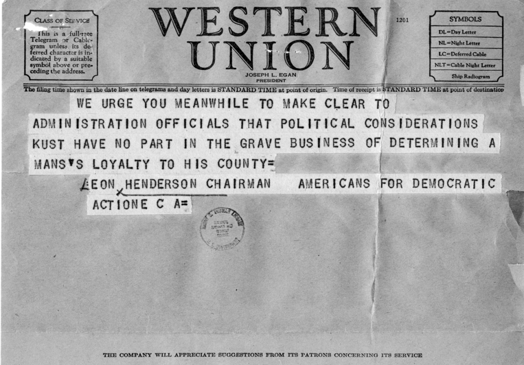 Telegram, Leon Henderson to Harry S. Truman