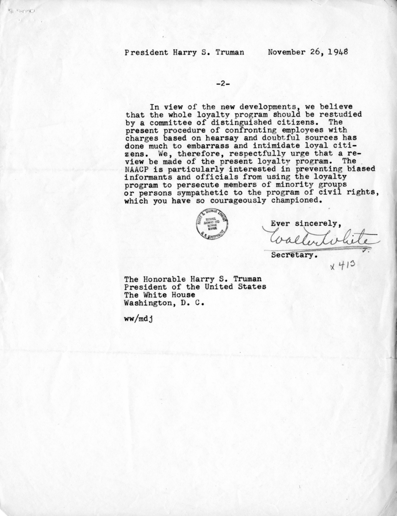Walter White to Harry S. Truman