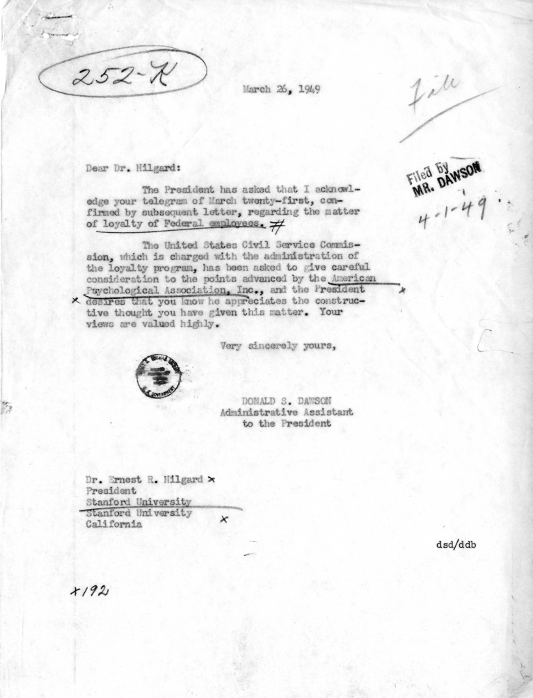 Ernest R. Hilgard et. al to Harry S. Truman, With Reply by Donald S. Dawson