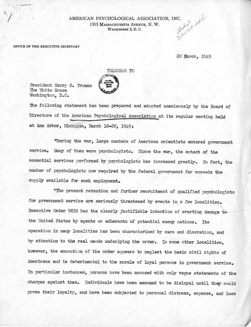 Ernest R. Hilgard et. al to Harry S. Truman, With Reply by Donald S. Dawson