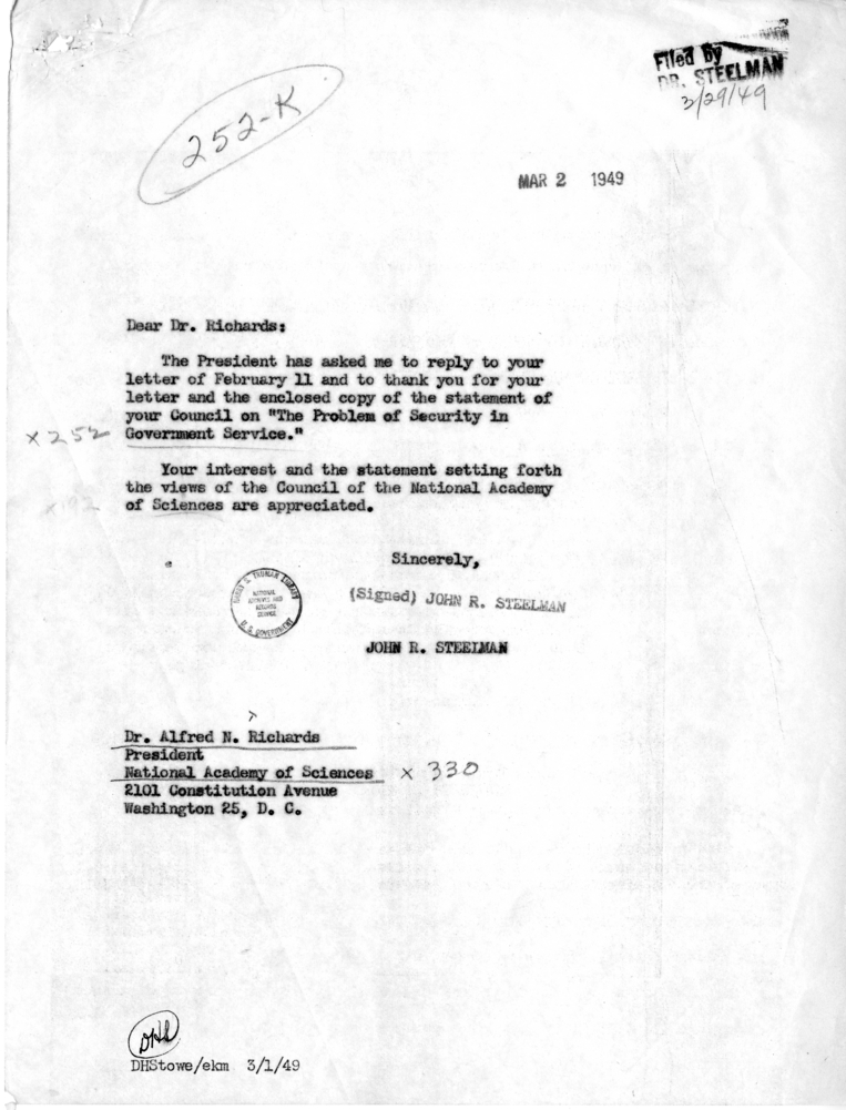 Alfred N. Richards to Harry S. Truman With Attachment, With Reply from John R. Steelman and Related Material