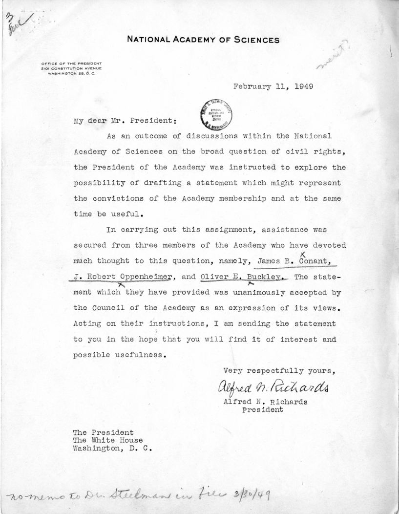 Alfred N. Richards to Harry S. Truman With Attachment, With Reply from John R. Steelman and Related Material