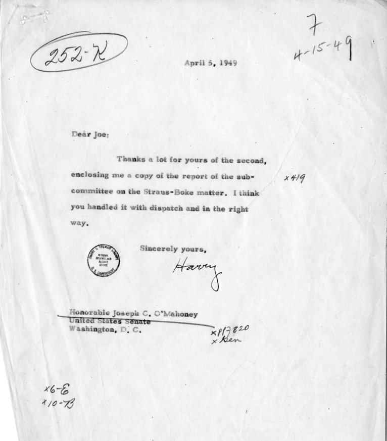 Correspondence Between Joseph C. Oâ€™Mahoney and Harry S. Truman, With Attachment