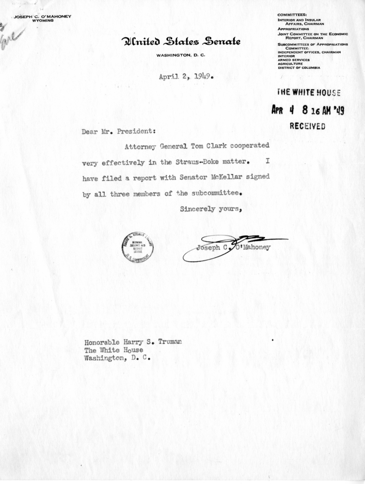 Correspondence Between Joseph C. Oâ€™Mahoney and Harry S. Truman, With Attachment