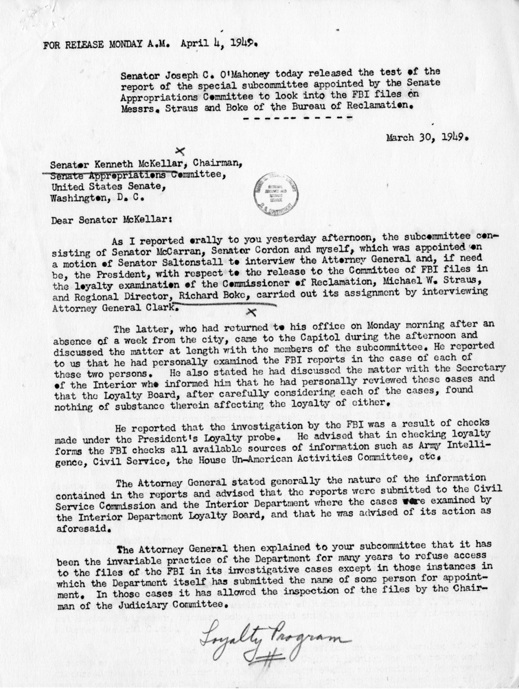 Correspondence Between Joseph C. Oâ€™Mahoney and Harry S. Truman, With Attachment