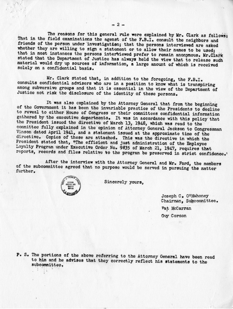 Correspondence Between Joseph C. Oâ€™Mahoney and Harry S. Truman, With Attachment