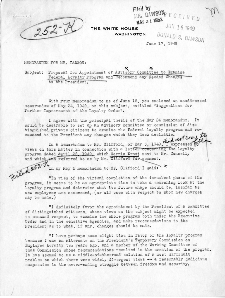 Memo, Stephen J. Spingarn to Donald S. Dawson, With Attachment